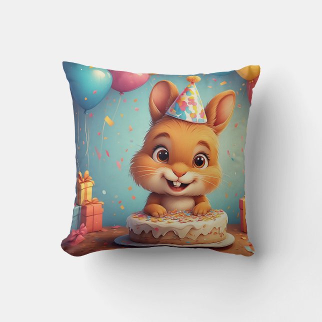 Adorable Bunny Celebrating Birthday with Cake Throw Pillow (Front)