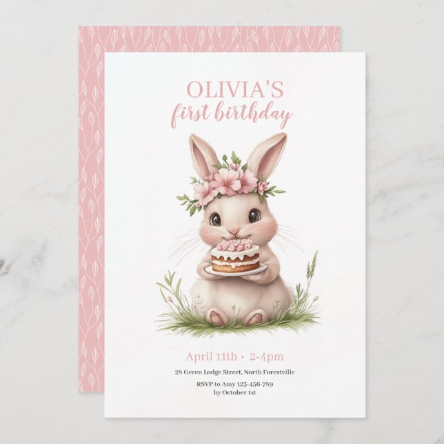 Adorable Bunny First Birthday Invitation 🎀🐰 (Front/Back)