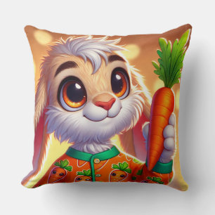 Adorable Bunny Holding Carrot in Illustrated Pajam Throw Pillow
