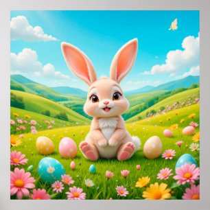 Adorable Bunny in a Colorful Spring Meadow Poster