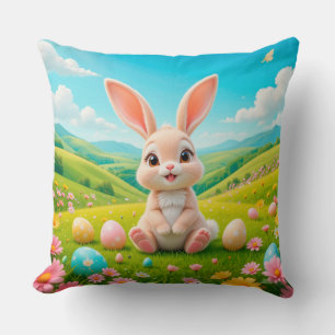 Adorable Bunny in a Colorful Spring Meadow Throw Pillow