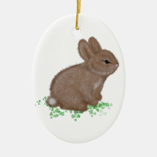 Adorable Bunny in Clover Ceramic Ornament (Front)