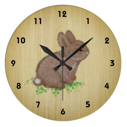 Adorable Bunny in Clover on Rustic Wood Background Large Clock