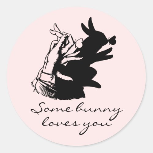 Adorable Bunny Love Pun Black Hand Shadow On Pink Classic Round Sticker