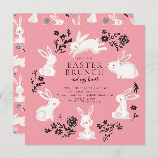 Adorable Bunny Party & Egg Hunt Easter Brunch Invitation (Front/Back)