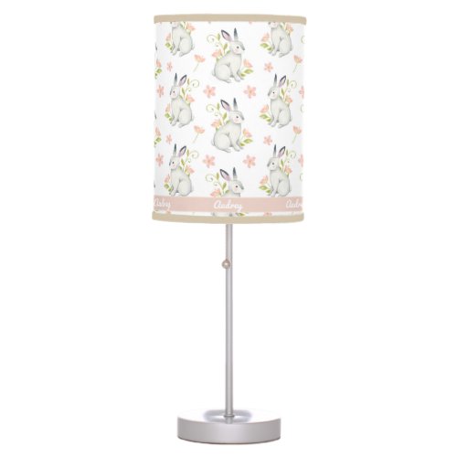 Adorable bunny pink flowers custom name nursery table lamp