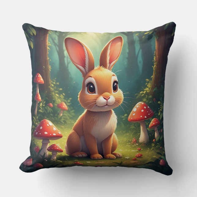 Adorable Bunny Rabbit in Enchanted Forest Throw Pillow (Front)
