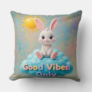 Adorable Bunny Sitting on Cloud with Sun Throw Pillow
