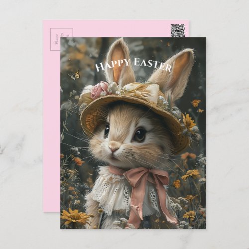 Adorable Bunny Straw Hat Flowers Lace Postcard