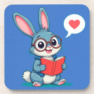 Adorable Bunny Wearing Glasses Reading a Book Beverage Coaster