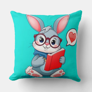 Adorable Bunny Wearing Glasses Reading a Book Throw Pillow