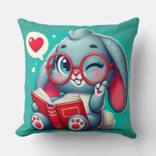 Adorable Bunny Wearing Glasses Reading a Book Throw Pillow