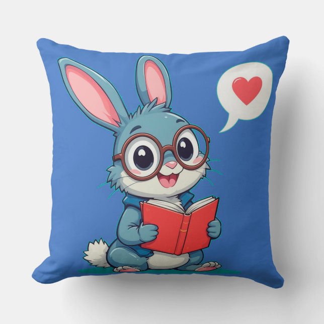 Adorable Bunny Wearing Glasses Reading a Book Throw Pillow (Front)