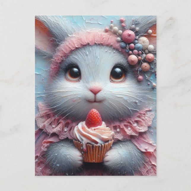 Adorable Bunny With a Strawberry Cupcake Postcard (Front)