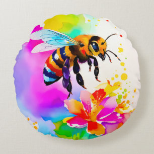 Adorable Busy Bee Watercolor Round Pillow