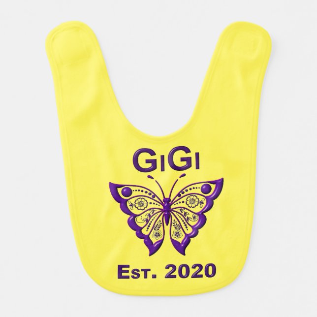 Adorable Butterfly Gigi “Est 2020” Baby Bib (Front)
