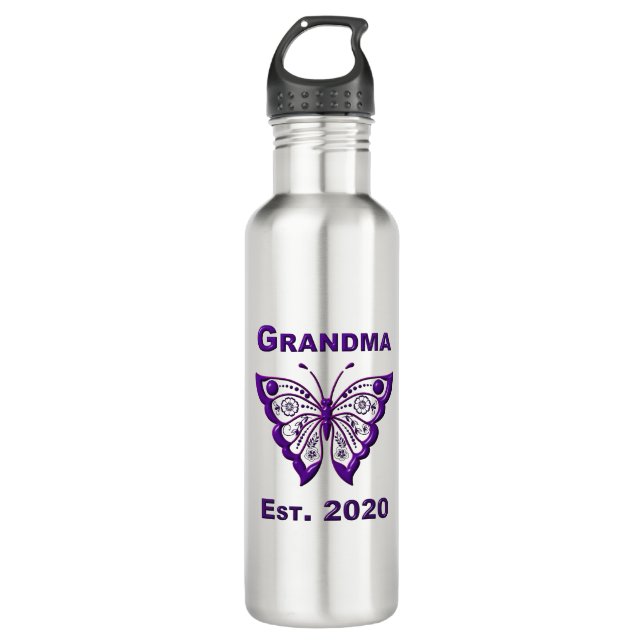 Adorable Butterfly Grandma “Est 2020” Stainless Steel Water Bottle (Front)