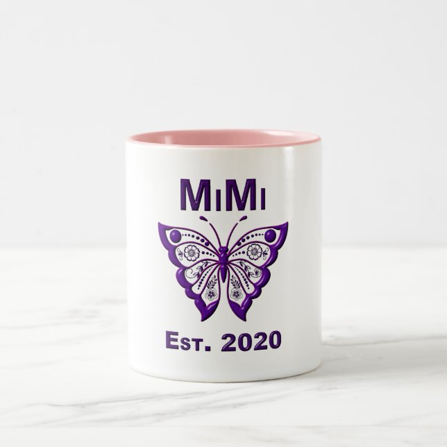 Adorable Butterfly Mimi “Est 2020” Two-Tone Coffee Mug (Center)