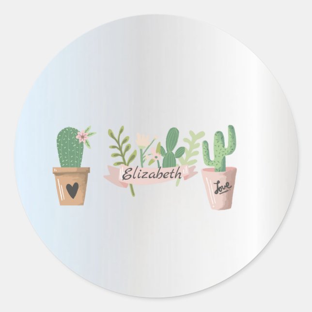 Adorable Cactus, Silver  Classic Round Sticker (Front)