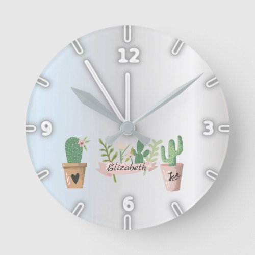 Adorable Cactus Silver Round Clock