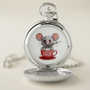 Adorable Caffeine Mouse in Red Mug Pocket Watch