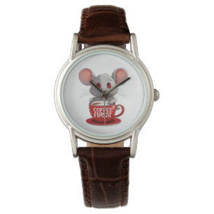 Adorable Caffeine Mouse in Red Mug Watch