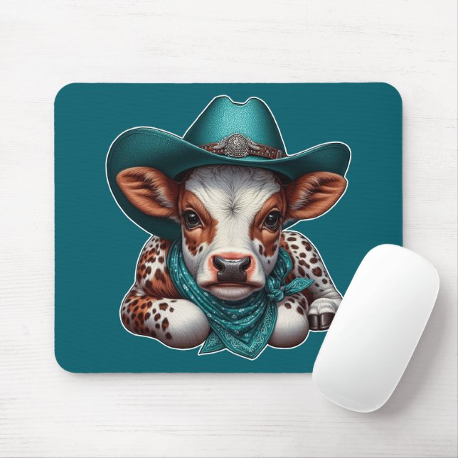 Adorable Calf in Cowboy Hat and Bandana Mouse Pad (With Mouse)