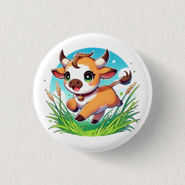 Adorable calf joyfully running through a field button (Front)