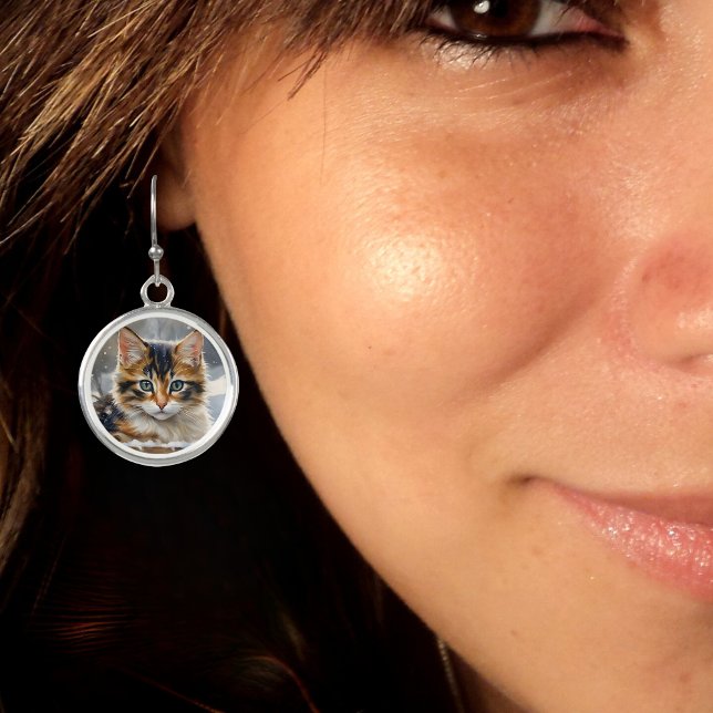 Adorable Calico Cat in a Winter Snowstorm  Earrings (Creator Uploaded)