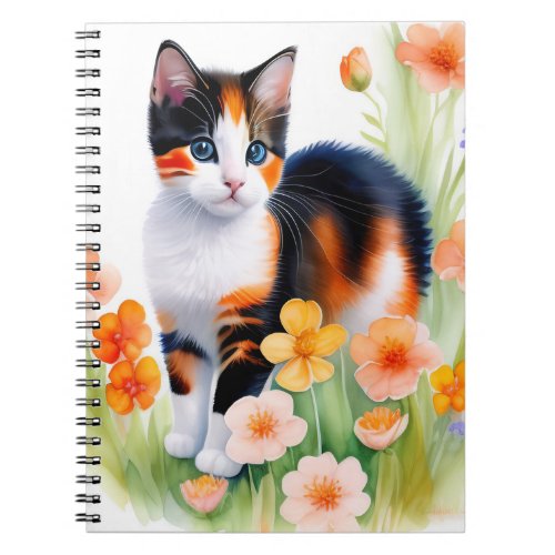 Adorable Calico Cat in Flower Garden   Notebook