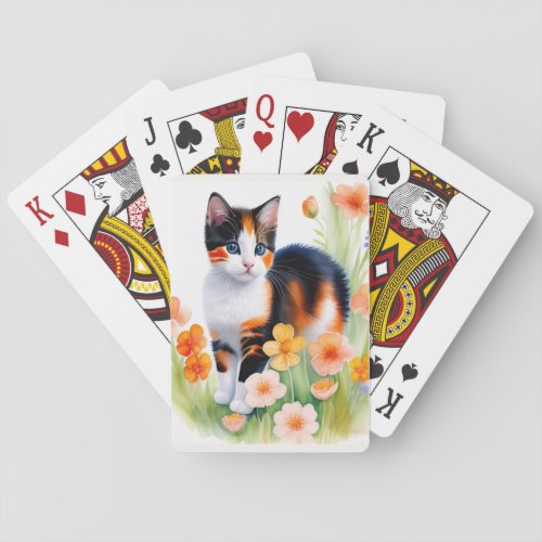 Adorable Calico Cat in Flower Garden Poker Cards