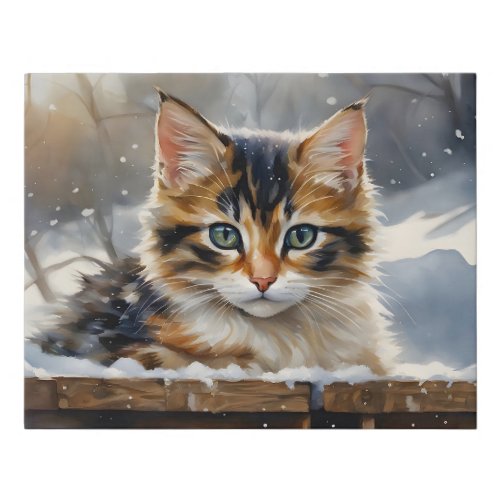 Adorable Calico Cat in the Snow Faux Canvas Print