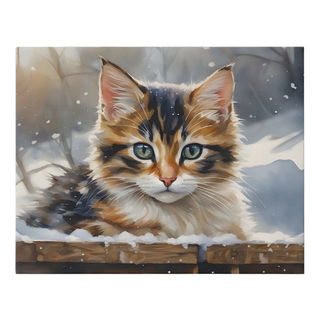 Adorable Calico Cat in the Snow Faux Canvas Print (Front)