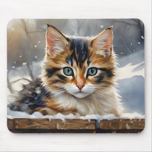 Adorable Calico Cat in the Snow  Mouse Pad