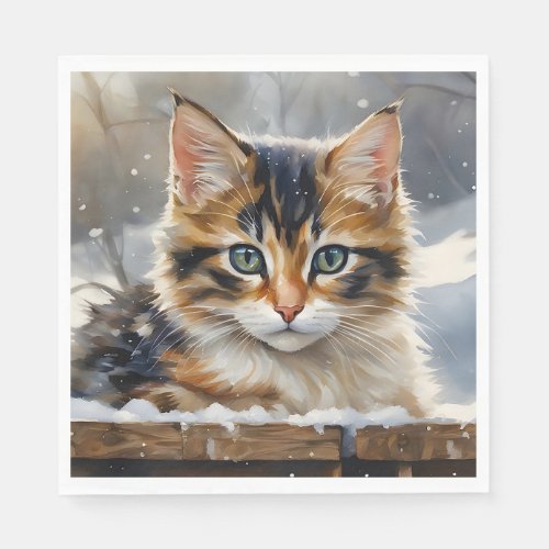Adorable Calico Cat in the Snow Napkins