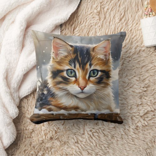Adorable Calico Cat in the Snow Throw Pillow