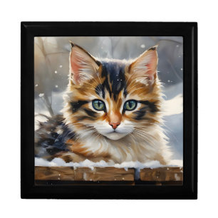 Adorable Calico Cat in the Snow Wooden Jewelry Gift Box