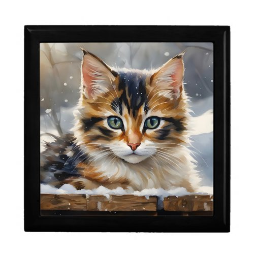 Adorable Calico Cat in the Snow Wooden Jewelry  Gift Box
