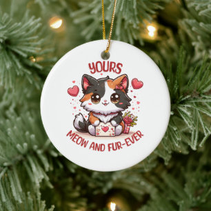 Adorable Calico Cat Valentine's Day Ceramic Ornament