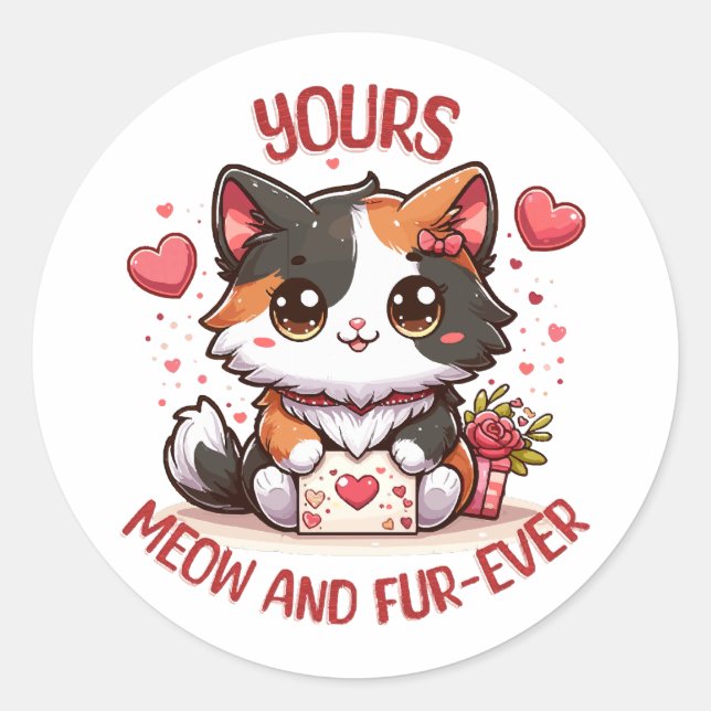 Adorable Calico Cat Valentine's Day  Classic Round Sticker (Front)