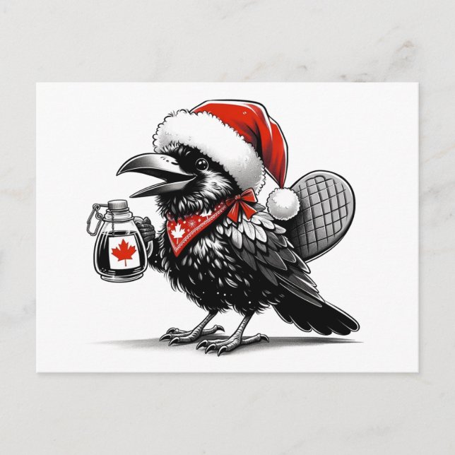 Adorable Canadian Christmas Raven Postcard (Front)