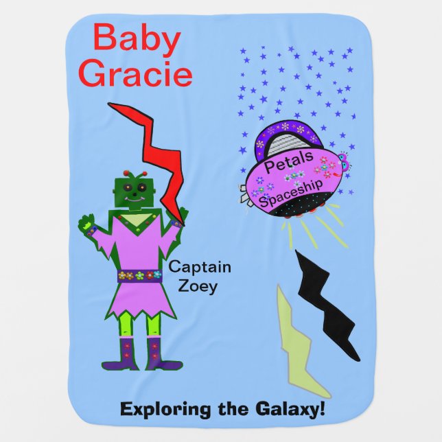 Adorable Captain Zoey Robot Pink Smiling Spaceship Baby Blanket (Front)