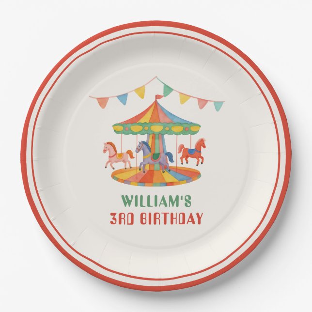 Adorable Carousel Birthday Paper Plates (Front)