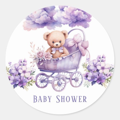 Adorable Carriage Teddy Bear Girl Baby Shower Classic Round Sticker