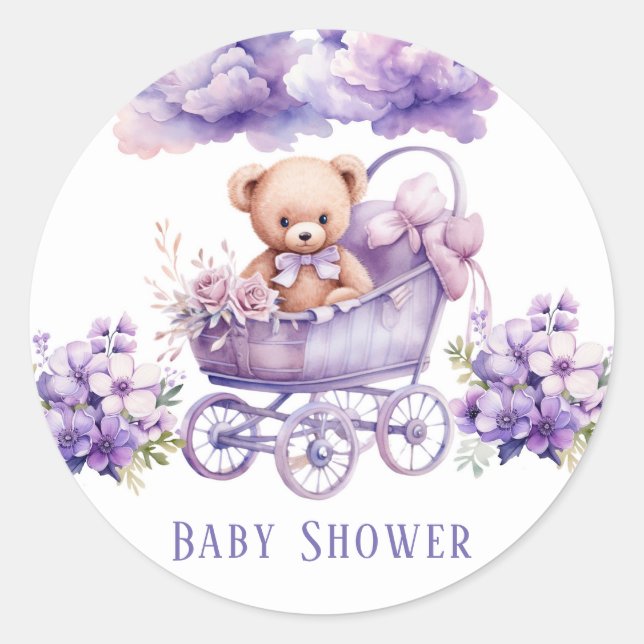 Adorable Carriage Teddy Bear Girl Baby Shower Classic Round Sticker (Front)