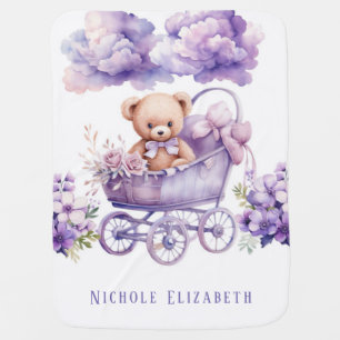 Adorable Carriage Teddy Bear Girl Baby Shower Gift Blanket