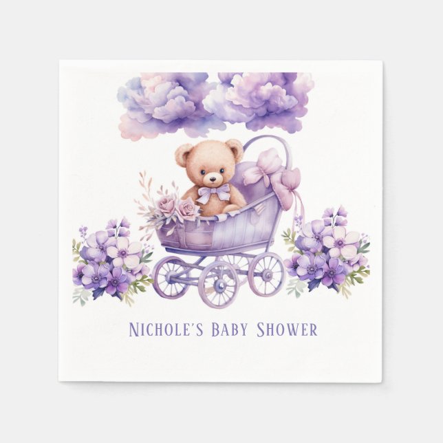 Adorable Carriage Teddy Bear Girl Baby Shower Napkins (Front)
