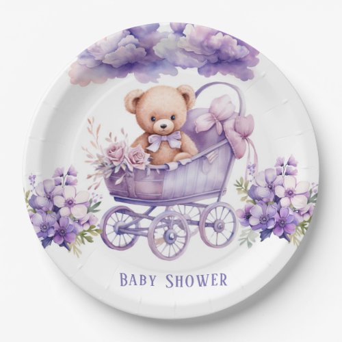 Adorable Carriage Teddy Bear Girl Baby Shower Paper Plates