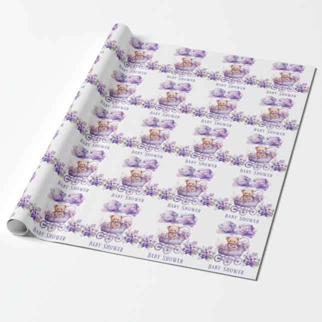 Adorable Carriage Teddy Bear Girl Baby Shower Wrapping Paper (Unrolled)