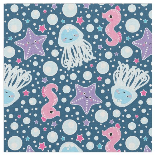 Adorable Cartoon Aquatic Pattern  Blue  Pink Fabric